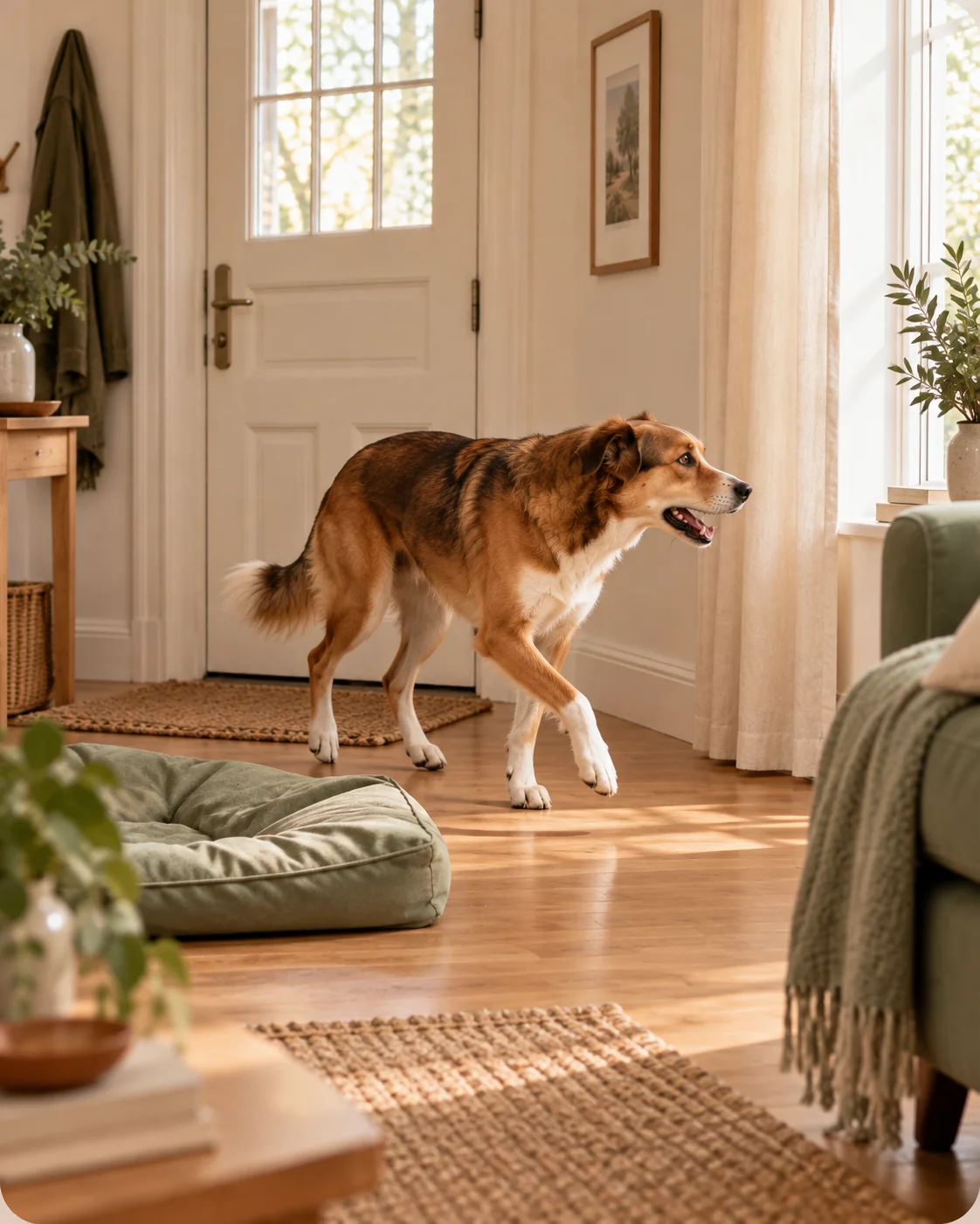 Chien seul faisant les cent pas dans le salon pendant l’absence de son propriétaire