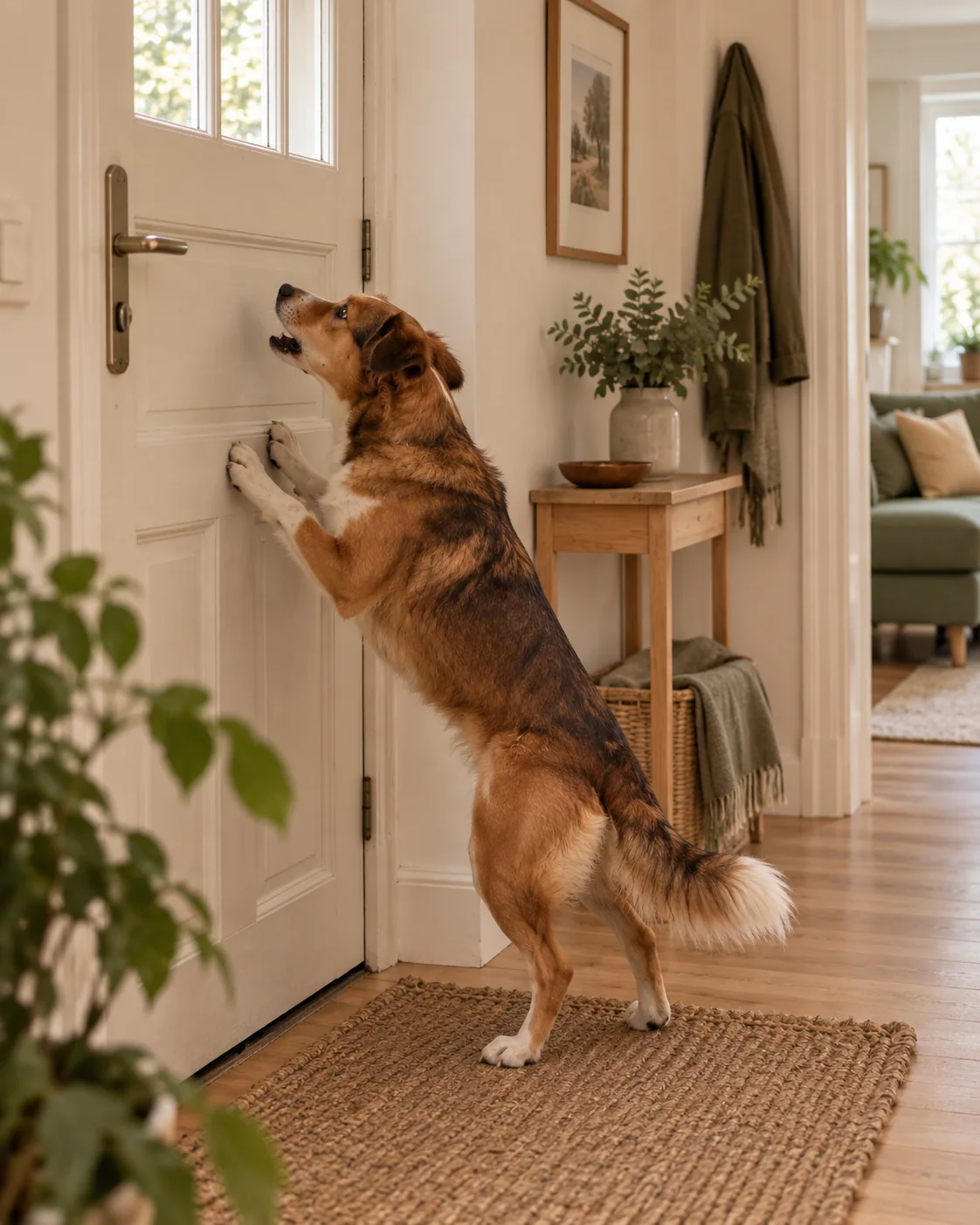 Chien anxieux grattant et aboyant devant la porte après le départ de son propriétaire
